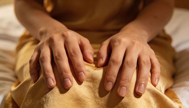 Resting hands on gold satin lap closeup evoking warm intimacy and fabric texture