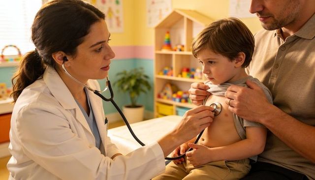 Pediatrician listening to young boy's heart during clinic visit with father present