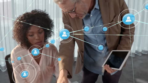 Business Professionals Collaborate with Digital Network Overlay