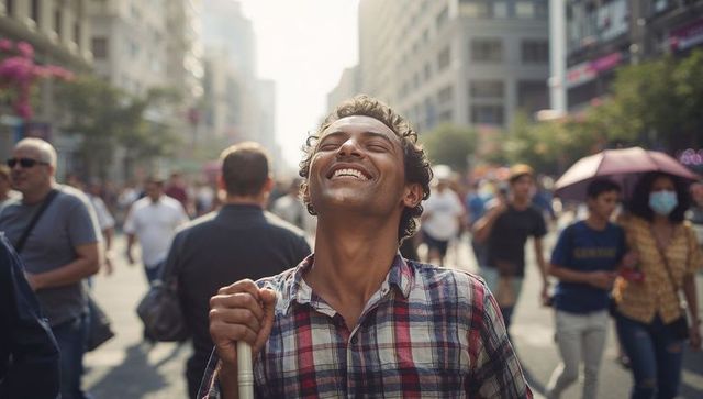 Smiling young man holding white cane enjoying sunlit downtown crowd and urban freedom