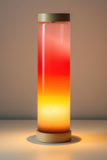 Colourful lava lamp on table in dark room at night, created using generative ai technology. Retro, psychedelic, relaxation and interior decoration lamp concept digitally generated image.