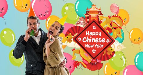 Festive Couple Celebrating Happy Chinese New Year with Balloons