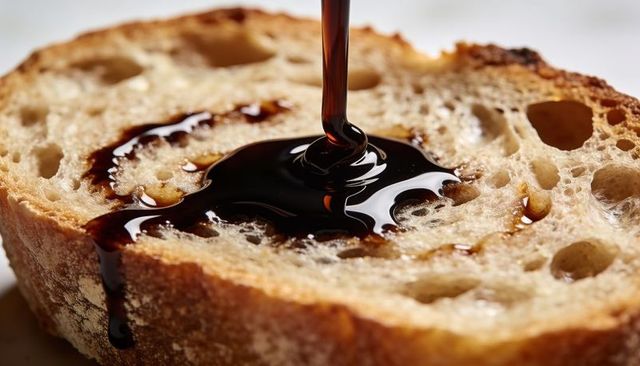 Pouring glossy balsamic glaze on rustic sourdough slice close-up for gourmet breakfast