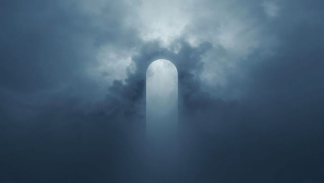 Ethereal arched portal pouring pale light through storm clouds into misty sky