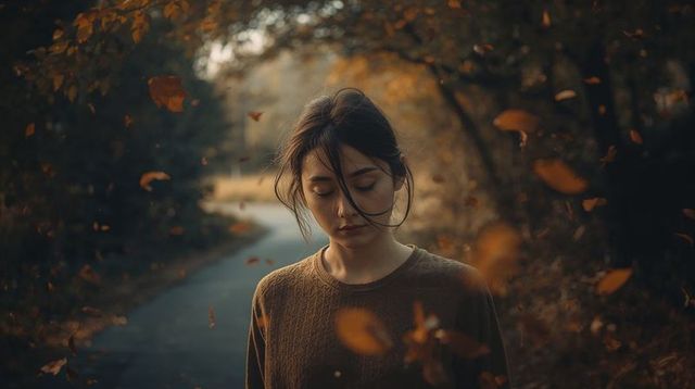 Standing young woman lowering eyes on forest trail with falling autumn leaves, moody golden-hour