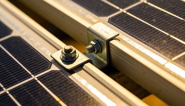 Solar Panel Mounting Hardware Close-Up Securing PV Modules with Clamp Bolt and Washer