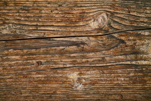 Close-up shot of weathered wooden planks showcasing rusty nails and natural wood grain. Ideal for use in backgrounds, textures, rustic decor inspiration, website banners, and construction materials.
