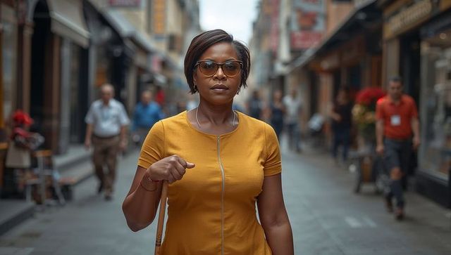 Stylish woman walking down vibrant shopping street in mustard dress