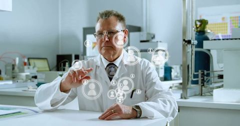 Scientist Engaging with Futuristic Holographic Technology in Lab