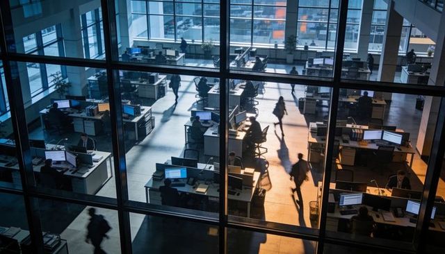 Open-plan high-rise office with bustling staff, glass facade and evening light