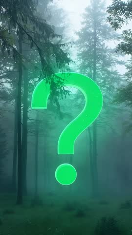 Neon Green Question Mark Rising Through Misty Pine Forest Vertical Motion Loop
