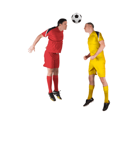 Dynamic soccer players competing in mid-air action with transparent background