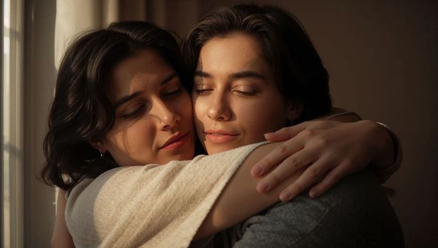 Sunlit tender embrace between two women at home, intimate warm romantic portrait