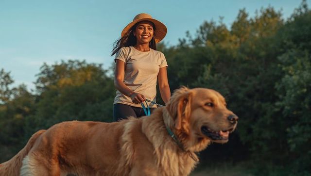 Smiling woman walking large golden retriever in sunlit park wearing straw hat at sunset