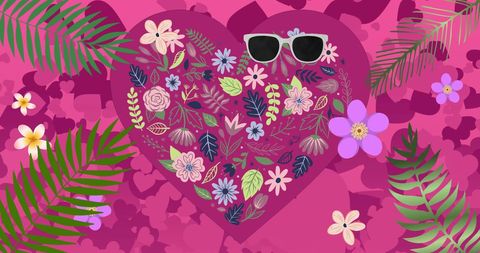 Floral Heart Design with Sunglasses on Vibrant Pink - Download Free Stock Images Pikwizard.com