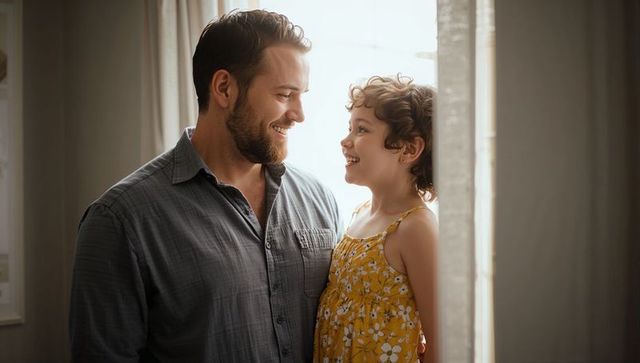 Dad smiling with daughter by sunlit window sharing warm bonding moment at home
