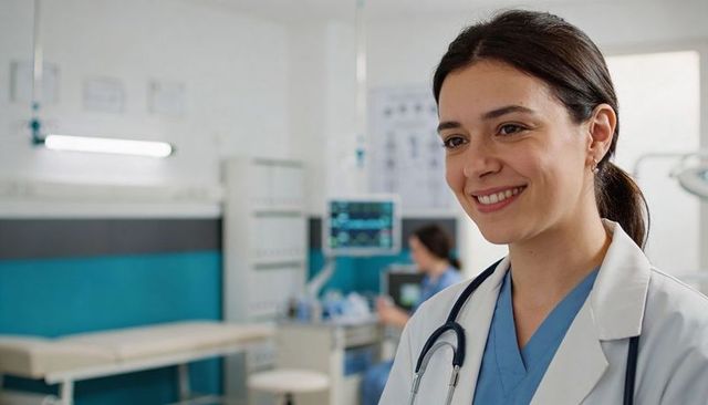 Smiling female doctor in clinic exam room wearing white coat and stethoscope, patient care