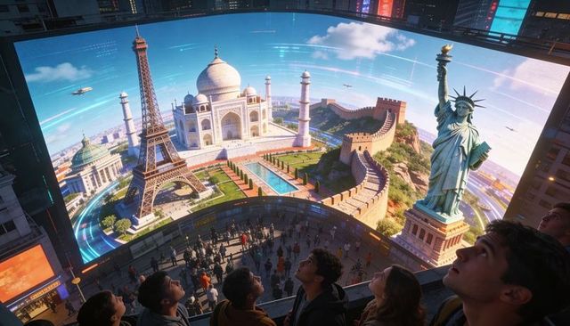 Immersive curved panoramic exhibition showcasing global landmarks in futuristic gallery