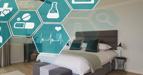 Digital Medical Icons Over Relaxing Bedroom Space