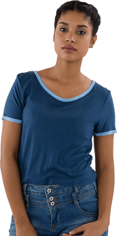 Confident Young Woman Wearing Blue T-shirt Against Transparent Background