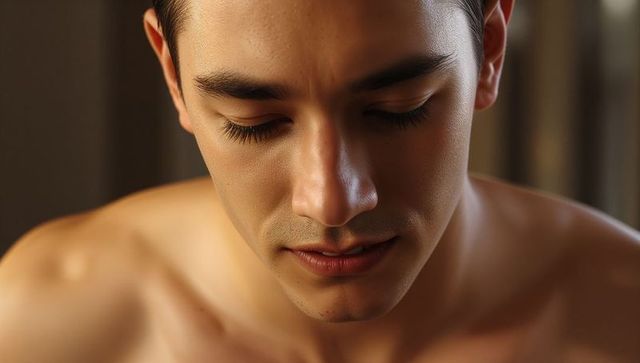 Intimate close-up of bare-chested asian man tilting head, closing eyes, warm moody light