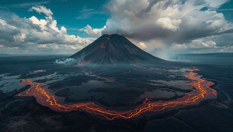 Volcanic eruption with fiery lava flow on rugged landscape