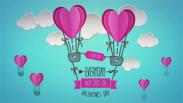 This whimsical animation depicts heart-shaped balloons carrying a romantic message in bright pinks against a soft blue background with white clouds. Ideal for social media posts, holiday greetings, or romantic-themed digital communication. Eye-catching design can be used to engage audiences in posts and advertisements focused on love and appreciation.