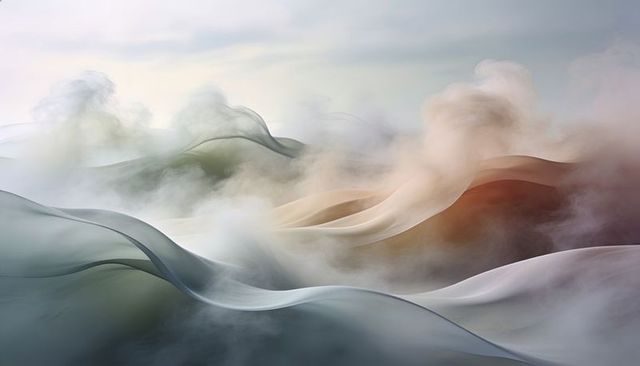 Ethereal translucent ribbons drifting over misty dunes, flowing silk-like abstract