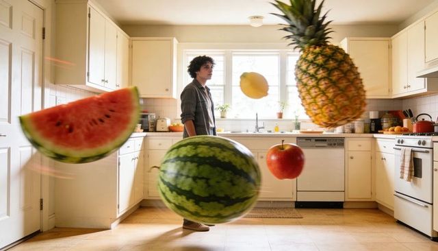 Curious teen standing in sunlit kitchen watching floating watermelon pineapple apple lemon