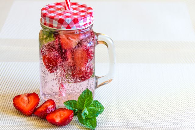 Image depicts refreshing infused water with strawberry slices and mint leaves in mason jar with red checkered lid. Mason jar is filled with sparkling water, highlighting fruity drink ideal for summer refreshment. Great for use in ads, blogs, healthy living content, or summer drink recipes.