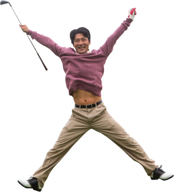 Happy Asian Male Golf Player Jumping with Club on Transparent Background - Download Free Stock Videos Pikwizard.com