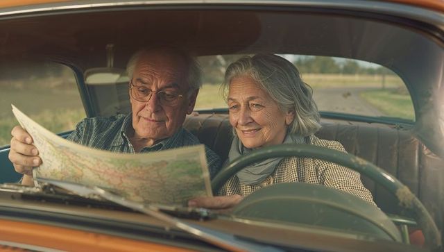 Senior Couple Reading Map Inside Vintage Car While Driving Through Golden Countryside