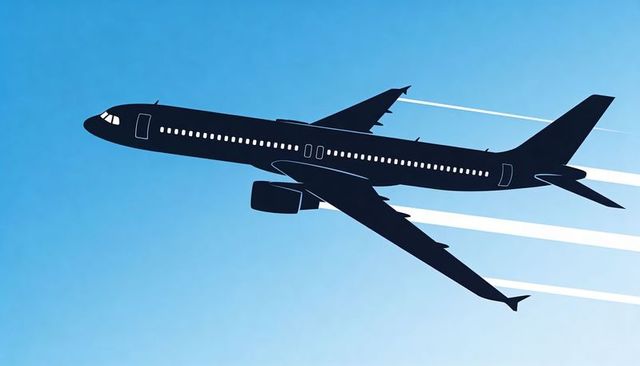 Silhouette twin-engine jet climbing against clear blue sky with contrails