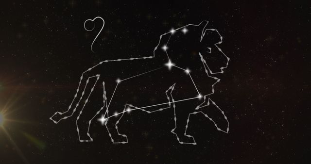 Leo constellation outlined in a starry night sky. Incorporates an astrology theme with the lion symbol. Ideal for use in horoscopes, astrology websites, educational materials about astronomy, and spiritual content.