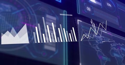 Holographic Data Dashboards Displaying Area, Bar, Line Charts in Futuristic HUD Interface