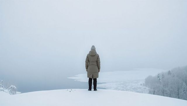 Standing on snowy ridge facing foggy frozen lake, solitary winter contemplation
