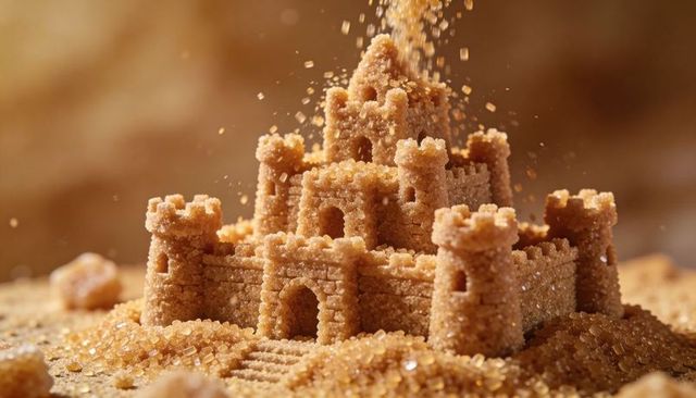 Brown sugar castle sculpted from granules with falling crystals macro sweet texture