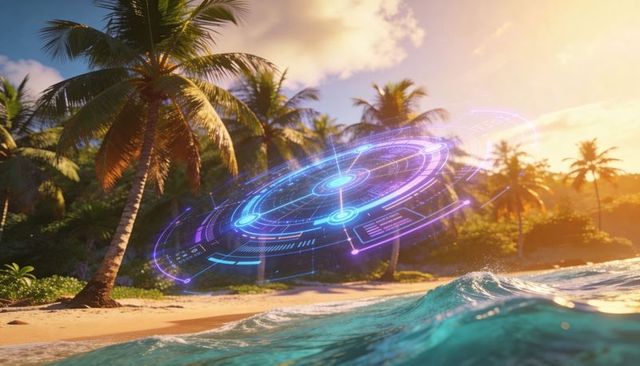Glowing holographic navigation interface hovering above tropical beach at warm sunset