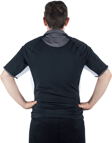 Transparent back view of rugby player hands on hips