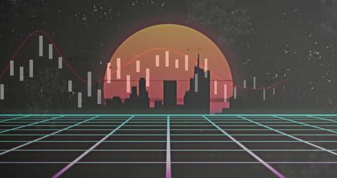Retro-Futuristic Skyline with Neon Grid and Candlestick Bars