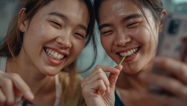 Two young asian women smiling while taking selfie and sharing crunchy snack stem closeup
