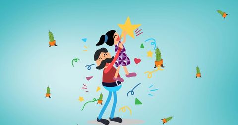 Father holding daughter reaching for star symbol