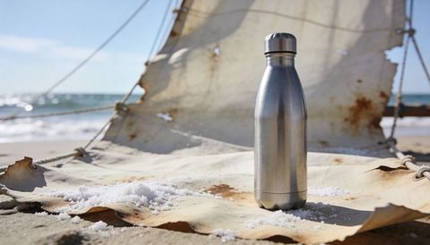 Stainless bottle standing on weathered sail at sunny beach shore with frayed rigging