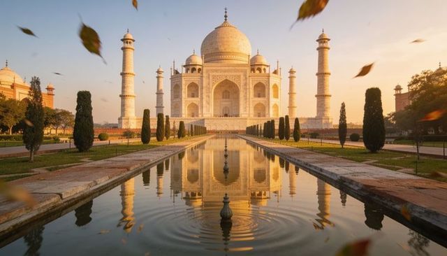Taj mahal at golden hour reflecting in long pool with symmetrical mughal architecture
