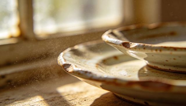 Sunlit handmade ceramic plates catching dust motes on rustic wooden windowsill