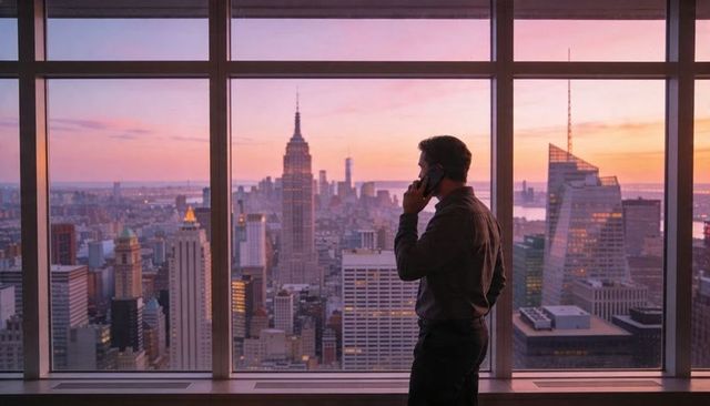 Executive standing at floor-to-ceiling window making phone call overlooking new york sunset skyline