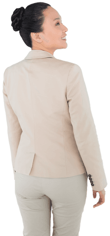 Transparent Happy Asian Businesswoman Turning in Light Suit Back View