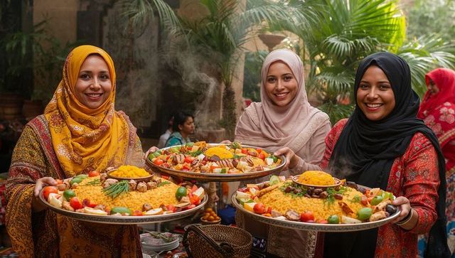 Smiling women wearing hijab presenting steaming festive rice platters in sunlit courtyard