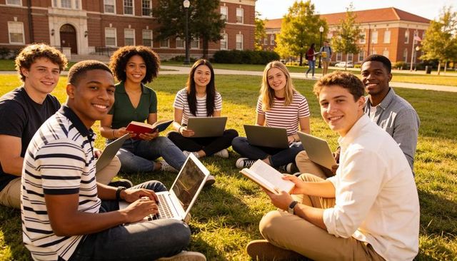 Studying together on college campus lawn, diverse students collaborating with laptops