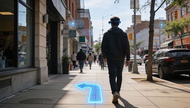 Urban pedestrian using ar headset showing holographic navigation arrow on sidewalk